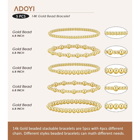 Women Gold Beaded Bracelets Set 14K Gold Plated Stylish Stackable Jewelry - Picture 6 of 7